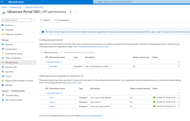 Azure AD Ubisecure Portal SSO API Permissions