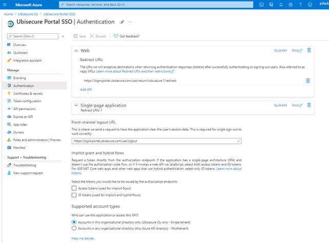 Azure AD Ubisecure Portal SSO Authentication